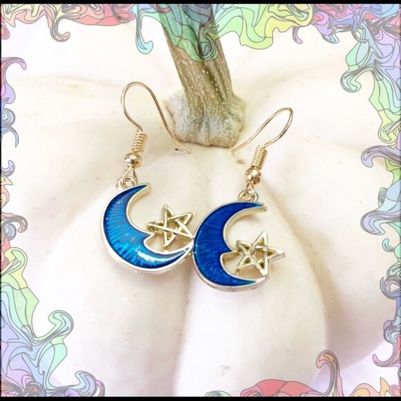 Beautiful Gold & Deep Blue Moon & Star Earrings - Picture 2 of 5